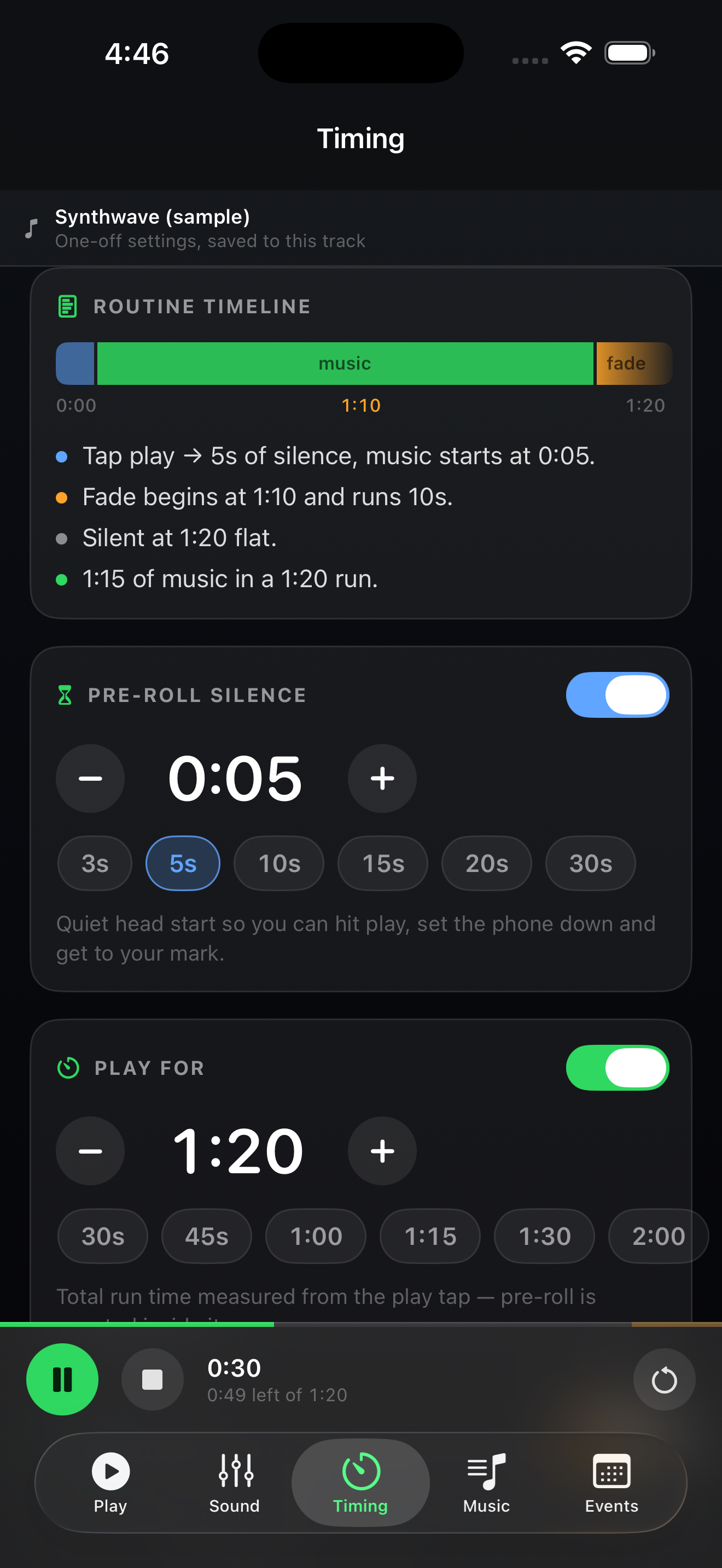 Timing screen with the routine timeline, pre-roll silence and play-for length